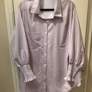 Light Lavender Striped Button-Front Blouse with Smocked Cuffs. Like new